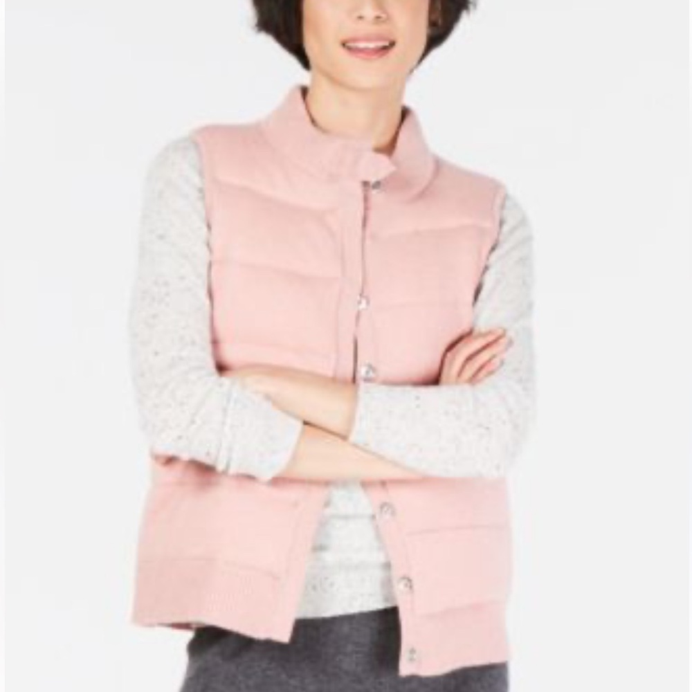Charter Club luxury puffer Cashmere Vest quilted closure ribbed knit pink balmer